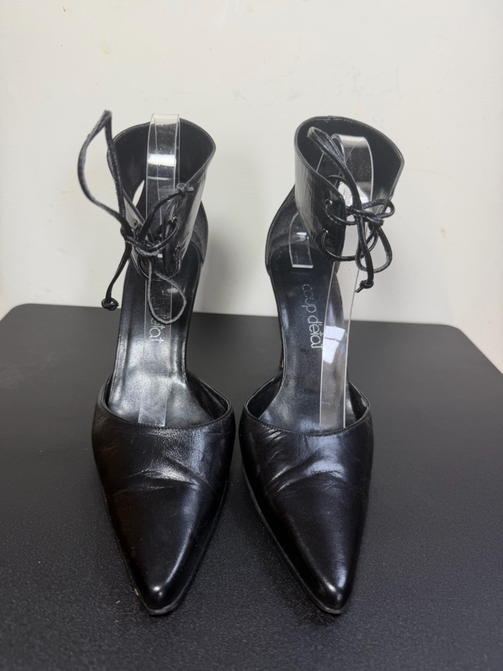 Coup d’état Black Leather Pointed Toe Lace-Up Ankle Strap Heels